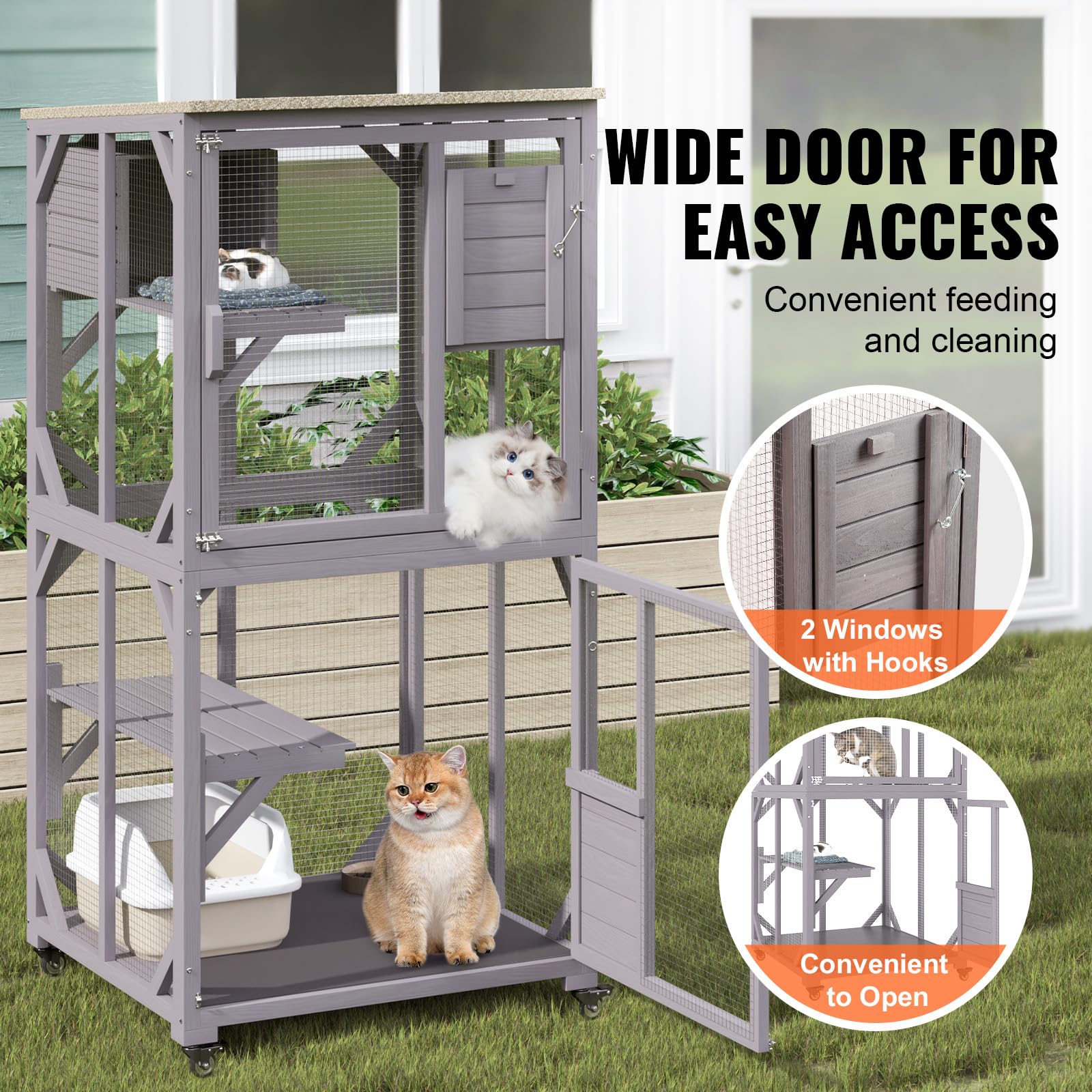 VEVOR 3-Tier Cat Playpen Catio with Wheels, Resting Box, Waterproof Roof, Windows & Doors, Removable Tray